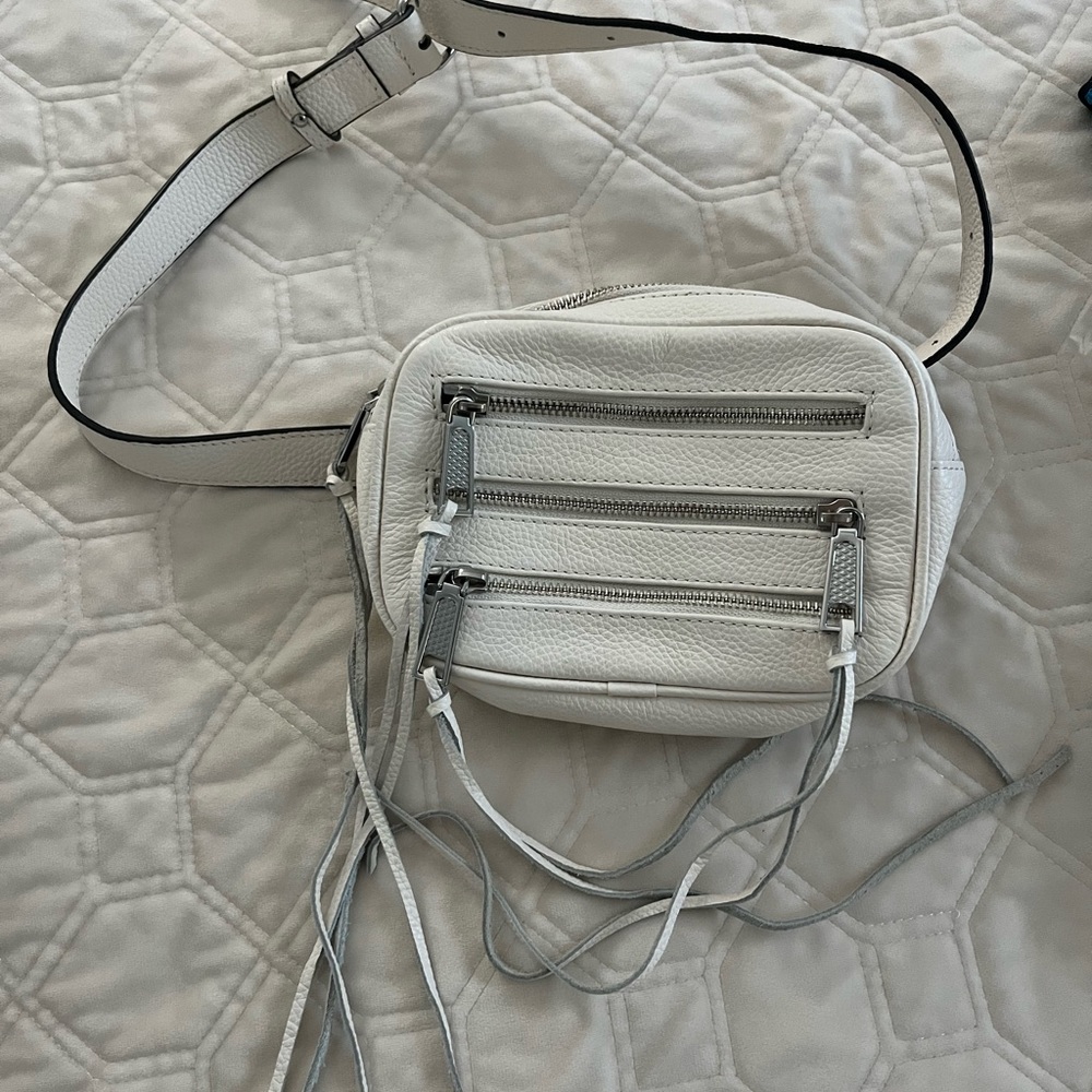 Rebecca minkoff white leather Fringe fanny pack 3 zip waist bag
